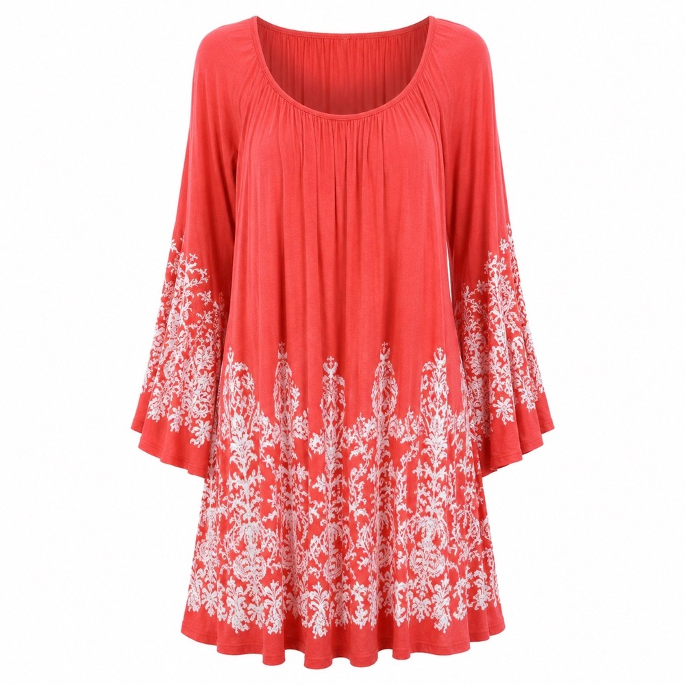Christian Caliendo Tunic OS Coral Knit Boho Damask Embroidered Bell Sleeve Mini
